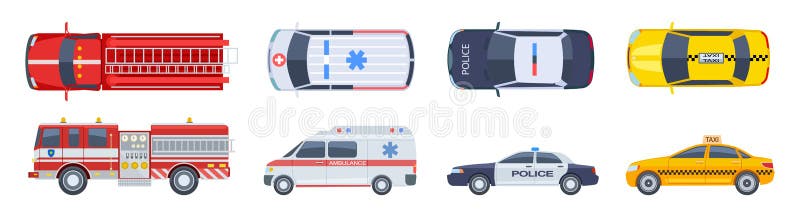 Insieme di veicoli Vista superiore trasporto Auto della polizia con motore di controllo antincendio a terra Trasporti speciali ur
