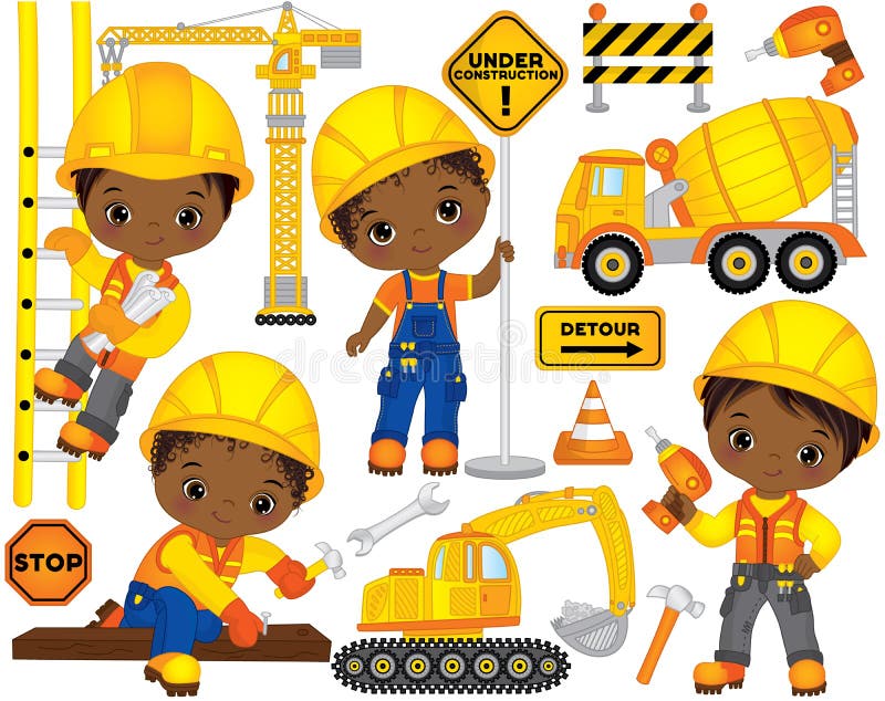 Insieme di vettore con i ragazzi afroamericani svegli vestiti come i piccoli costruttori e trasporto della costruzione illustrazione vettoriale Insieme di vettore con i ragazzi afroamericani svegli vestiti come i piccoli costruttori e trasporto della costruzione illustrazione vettoriale