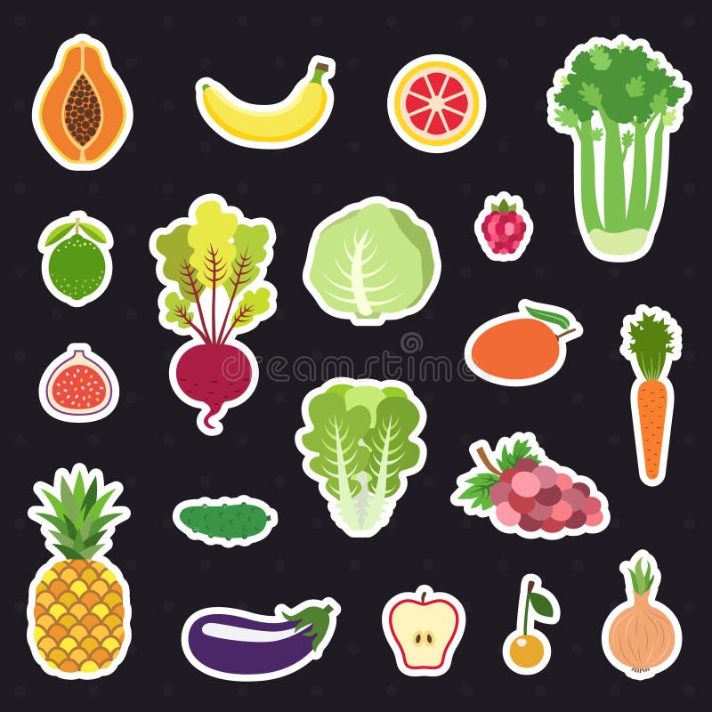 Insieme di vettore degli autoadesivi della frutta e della verdura (icone) Progettazione piana moderna illustrazione vettoriale Insieme di vettore degli autoadesivi della frutta e della verdura (icone) Progettazione piana moderna illustrazione vettoriale