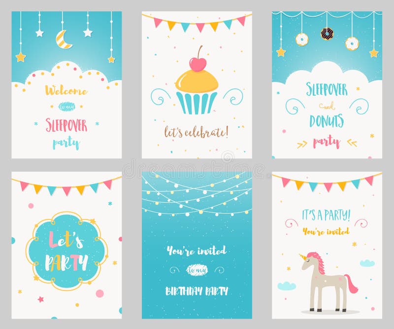 Insieme di vettore degli inviti del partito dei bambini dello Sleepover e di compleanno royalty illustrazione gratis Insieme di vettore degli inviti del partito dei bambini dello Sleepover e di compleanno royalty illustrazione gratis