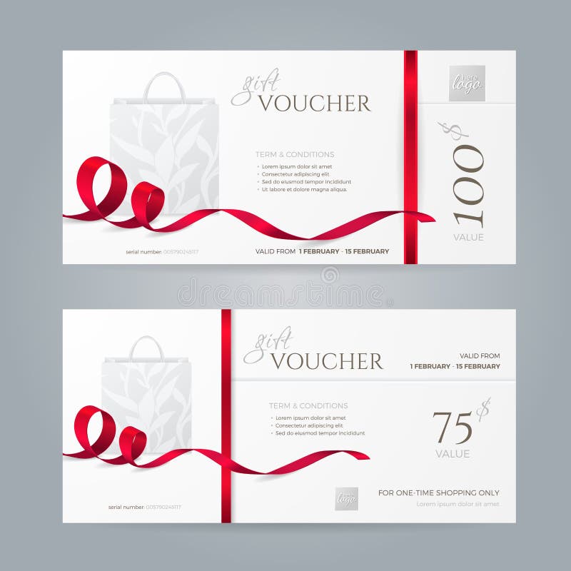 Insieme di vettore dei buoni di regalo alla moda con i nastri rossi ed il sacchetto della spesa di carta royalty illustrazione gratis Insieme di vettore dei buoni di regalo alla moda con i nastri rossi ed il sacchetto della spesa di carta royalty illustrazione gratis