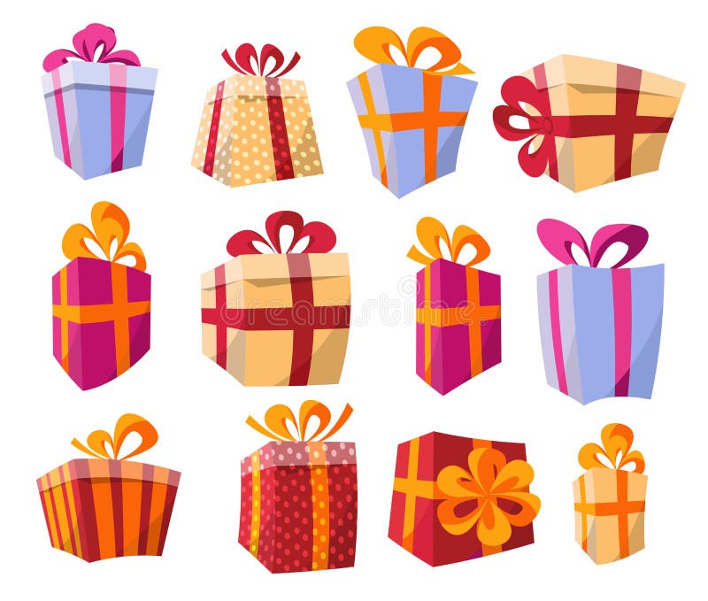 Insieme di vettore dei contenitori di regalo curvi variopinti differenti di prospettiva Bella scatola attuale con l'arco in modo illustrazione di stock Insieme di vettore dei contenitori di regalo curvi variopinti differenti di prospettiva Bella scatola attuale con l'arco in modo illustrazione di stock