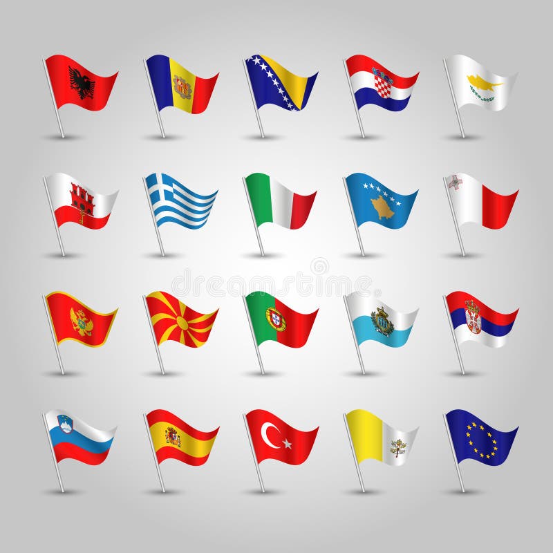 Insieme di vettore delle bandiere d'ondeggiamento Europa meridionale sul palo d'argento - icona degli stati illustrazione di stock Insieme di vettore delle bandiere d'ondeggiamento Europa meridionale sul palo d'argento - icona degli stati illustrazione di stock