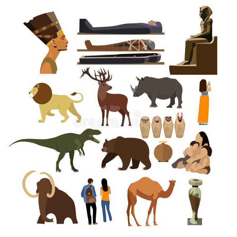 Insieme di vettore delle esposizioni archeologiche del museo isolate su fondo bianco illustrazione vettoriale Insieme di vettore delle esposizioni archeologiche del museo isolate su fondo bianco illustrazione vettoriale