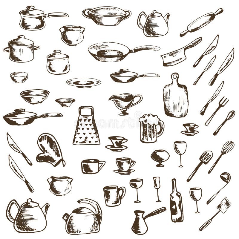 Insieme di vettore delle icone dell'anteprima dei piatti e degli utensili della cucina illustrazione di stock Insieme di vettore delle icone dell'anteprima dei piatti e degli utensili della cucina illustrazione di stock