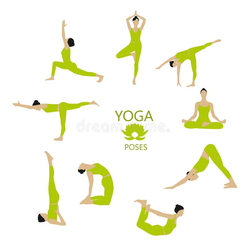 Insieme di vettore delle pose di yoga La ragazza fa gli esercizi di yoga illustrazione di stock Insieme di vettore delle pose di yoga La ragazza fa gli esercizi di yoga illustrazione di stock