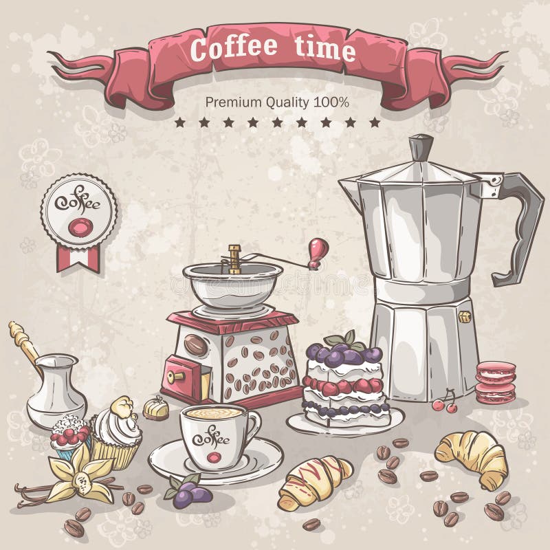 Insieme di vettore di caffè con i Turchi, la tazza, la caffettiera e vari dolci royalty illustrazione gratis Insieme di vettore di caffè con i Turchi, la tazza, la caffettiera e vari dolci royalty illustrazione gratis