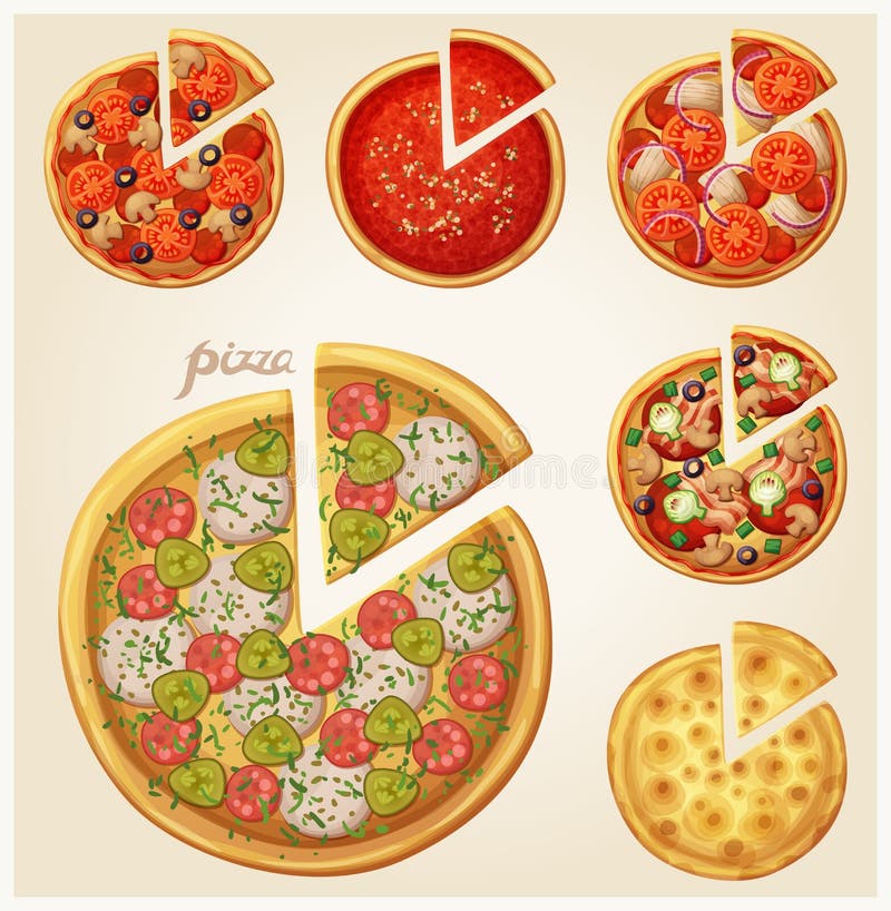 Insieme di vista superiore della pizza illustrazione di stock Insieme di vista superiore della pizza illustrazione di stock