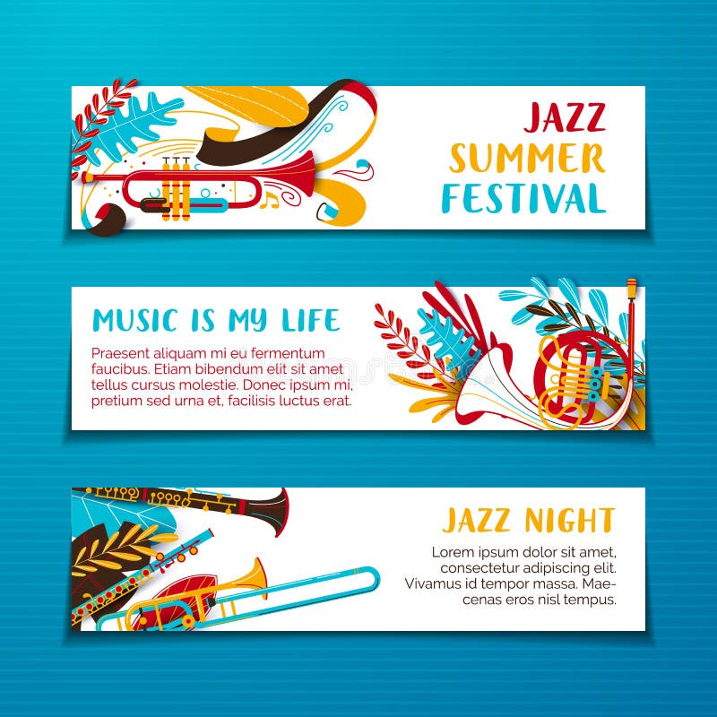 Insieme disegnato a mano del modello dell'insegna di vettore di festival di estate di jazz illustrazione vettoriale Insieme disegnato a mano del modello dell'insegna di vettore di festival di estate di jazz illustrazione vettoriale