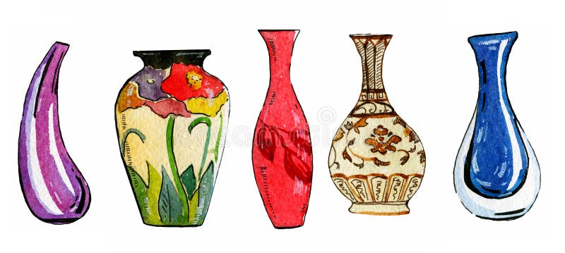 Insieme disegnato a mano dell'illustrazione dell'acquerello dei vasi di fiore stilizzati variopinti royalty illustrazione gratis Insieme disegnato a mano dell'illustrazione dell'acquerello dei vasi di fiore stilizzati variopinti royalty illustrazione gratis