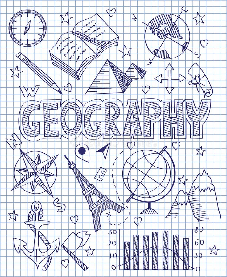 Insieme disegnato a mano di geografia illustrazione di stock Insieme disegnato a mano di geografia illustrazione di stock