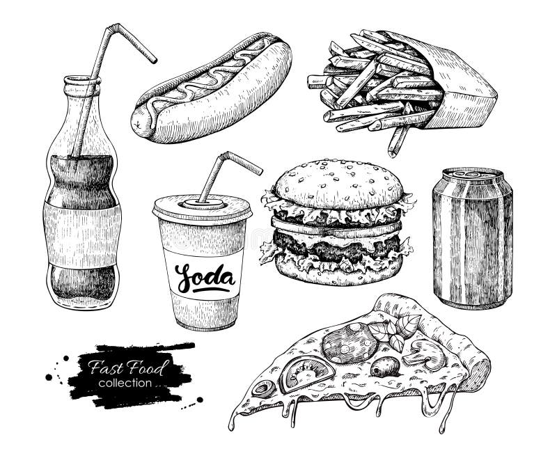 Insieme disegnato a mano di vettore degli alimenti a rapida preparazione Illust inciso degli alimenti industriali di stile illustrazione vettoriale