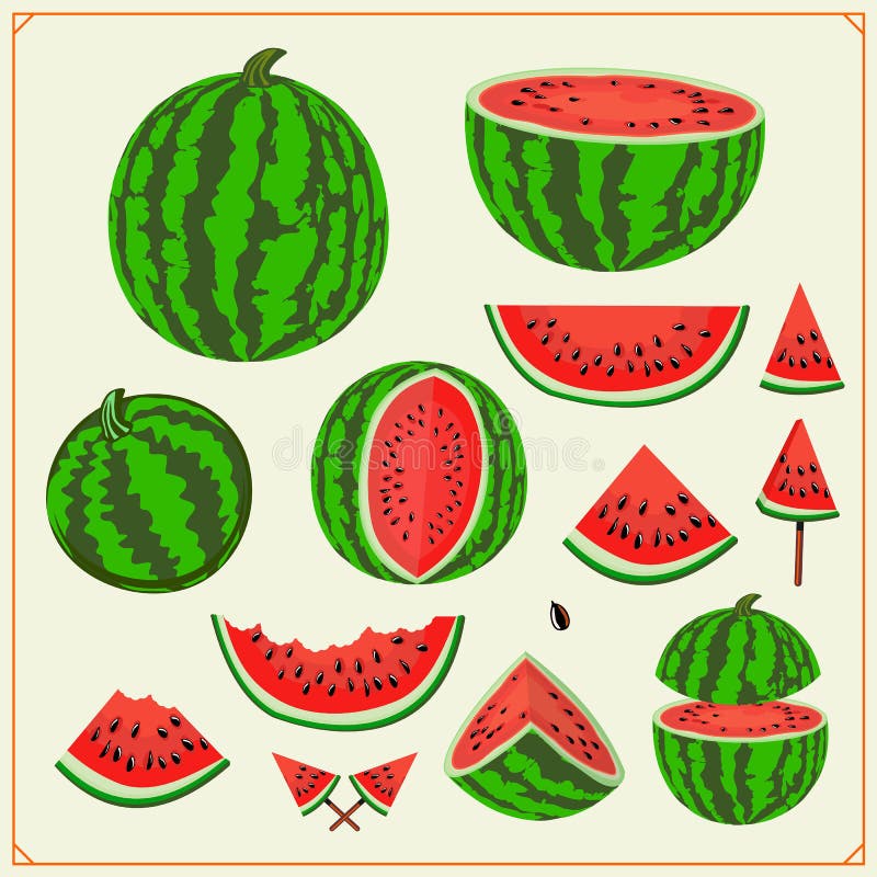 Insieme dolce di estate Intere angurie e fette succose dell'anguria Elementi di progettazione del manifesto di estate illustrazione vettoriale