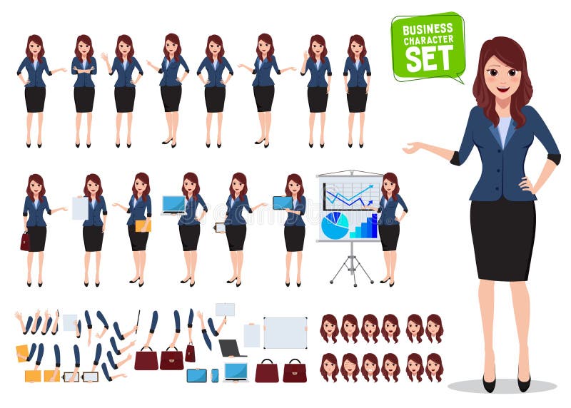 Insieme femminile di vettore del carattere di affari Donna dell'ufficio che parla con le varie pose royalty illustrazione gratis