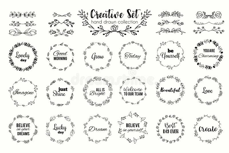 Insieme floreale della corona Strutture disegnate a mano di flourish Divisori e bordi Elementi e fiori di erbe illustrazione vettoriale