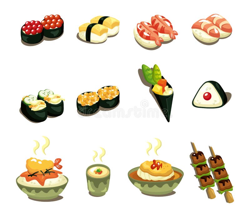 Insieme giapponese dell'icona dell'alimento del fumetto illustrazione di stock