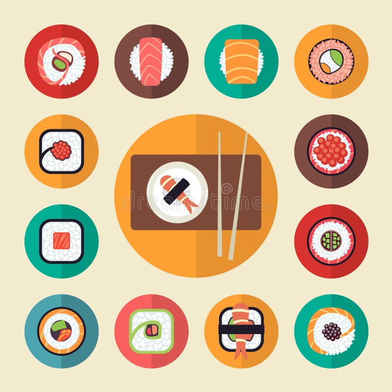 Insieme giapponese dell'illustrazione di vettore delle icone dei sushi dell'alimento illustrazione vettoriale