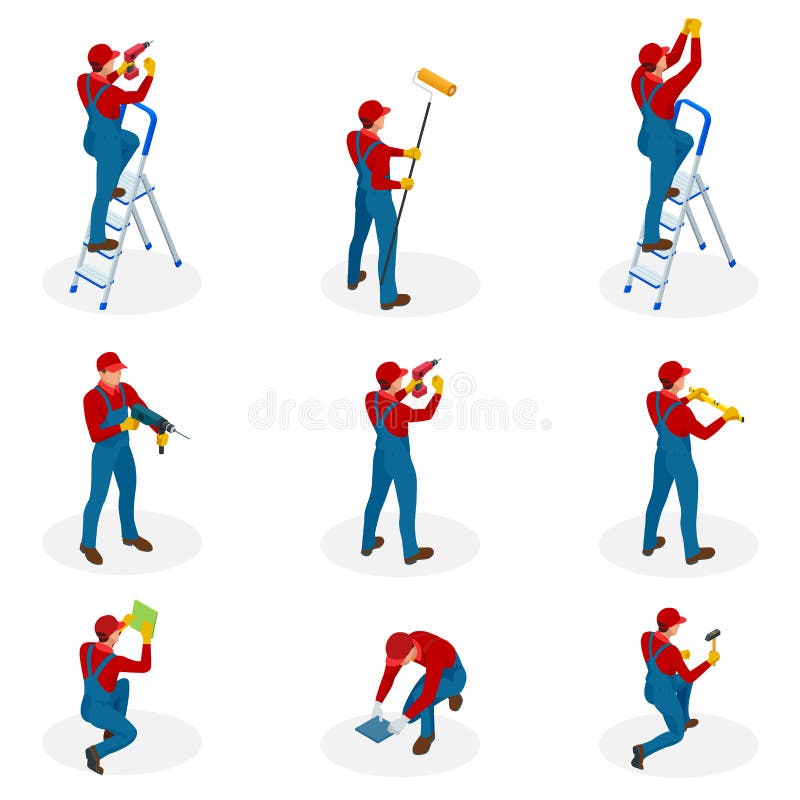 Insieme isometrico con i lavoratori domestici di riparazione che fanno manutenzione, gente industriale dei lavoratori degli appal royalty illustrazione gratis Insieme isometrico con i lavoratori domestici di riparazione che fanno manutenzione, gente industriale dei lavoratori degli appal royalty illustrazione gratis