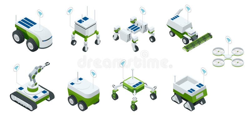 Insieme isometrico del robot astuto 4 di industria dello iot 0, robot nell'agricoltura, coltivante robot, serra del robot Agricol
