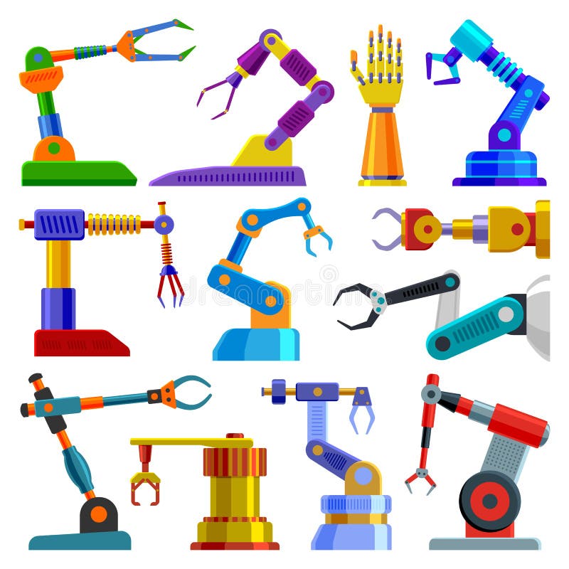 Insieme a macchina robot dell'illustrazione dell'attrezzatura di tecnologia della mano di vettore del braccio del robot del carat illustrazione di stock