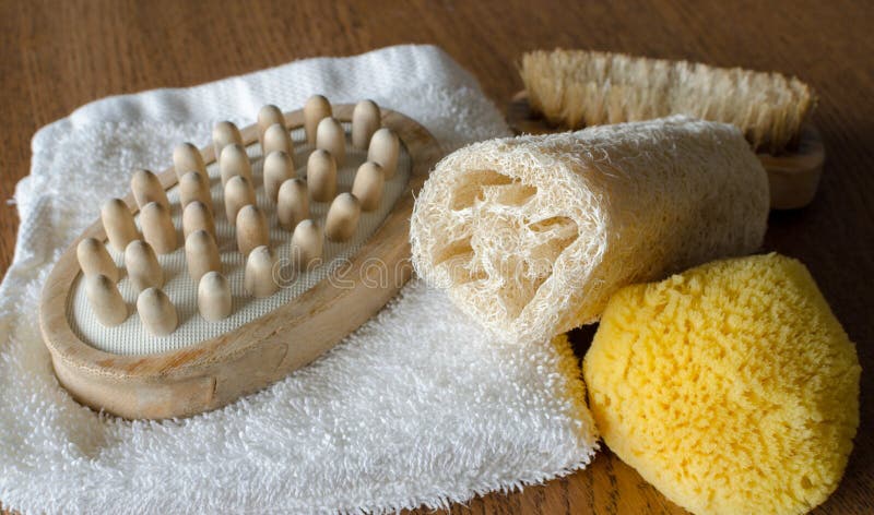 Bath natural set. eco natural plastic free luffa, natural sea sponge, wooden brushes, towel. sustainable lifestyle. close up. Bath natural set. eco natural plastic free luffa, natural sea sponge, wooden brushes, towel. sustainable lifestyle. close up.