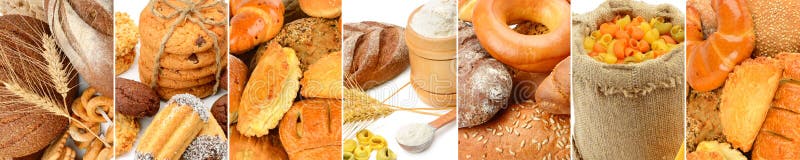 Insieme panoramico del collage dei prodotti del pane fotografia stock Insieme panoramico del collage dei prodotti del pane fotografia stock