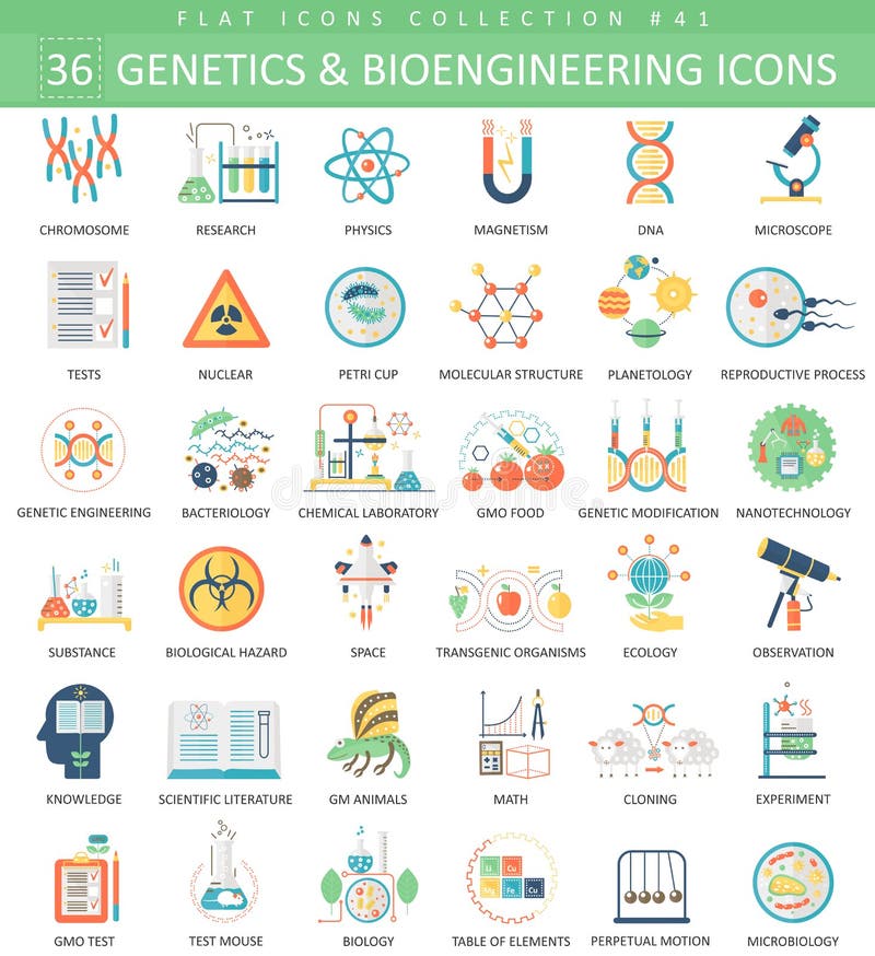 Insieme piano della genetica di vettore e dell'icona di bioingegneria Progettazione di stile elegante illustrazione di stock