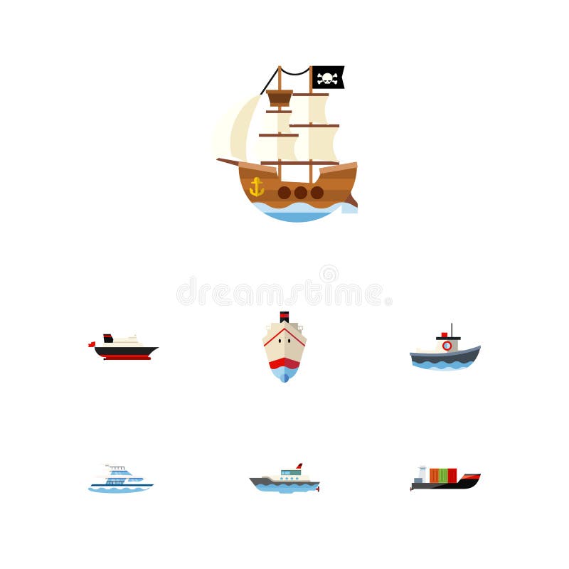 Insieme piano della nave dell'icona della barca, della consegna, della nave e di altri oggetti di vettore Inoltre include il pira illustrazione di stock Insieme piano della nave dell'icona della barca, della consegna, della nave e di altri oggetti di vettore Inoltre include il pira illustrazione di stock