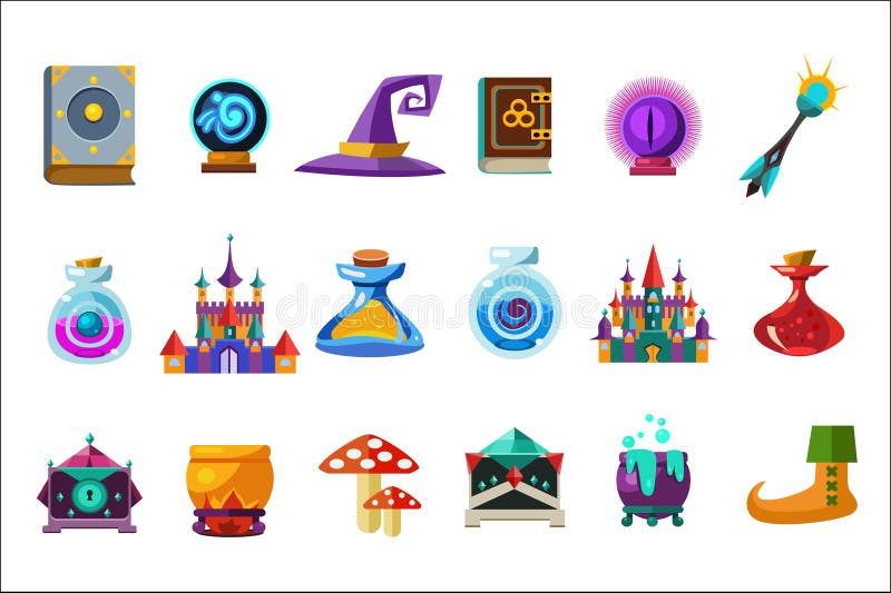 Insieme piano di vettore degli oggetti favolosi per il gioco mobile Prenoti, palla magica, il cappello dello stregone, bottiglie illustrazione vettoriale Insieme piano di vettore degli oggetti favolosi per il gioco mobile Prenoti, palla magica, il cappello dello stregone, bottiglie illustrazione vettoriale