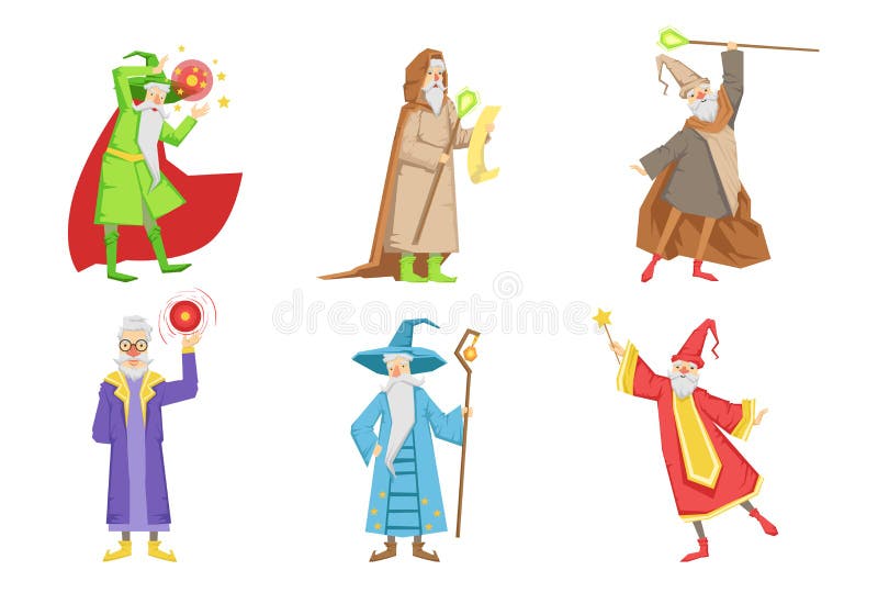 Insieme piano di vettore degli stregoni grigio-barbuti Personaggi dei cartoni animati degli uomini anziani s con i poteri magici illustrazione vettoriale Insieme piano di vettore degli stregoni grigio-barbuti Personaggi dei cartoni animati degli uomini anziani s con i poteri magici illustrazione vettoriale