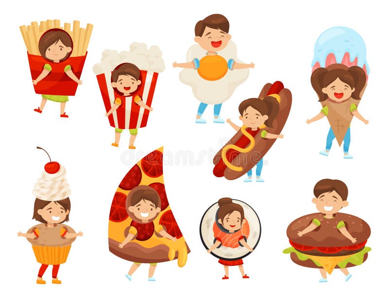 Insieme piano di vettore dei bambini in costumi dell'alimento Ragazzi e ragazze svegli con le espressioni felici del fronte Bambi illustrazione vettoriale