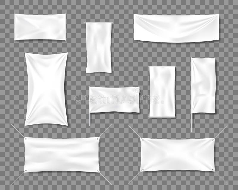 Insieme regolare vuoto bianco dei modelli del manifesto o del cartello della bandiera del cotone 3d ha dettagliato le insegne in illustrazione vettoriale Insieme regolare vuoto bianco dei modelli del manifesto o del cartello della bandiera del cotone 3d ha dettagliato le insegne in illustrazione vettoriale