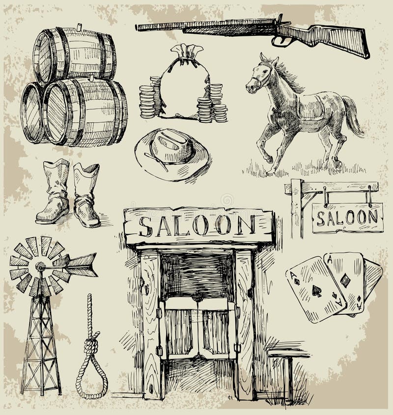 Insieme selvaggio disegnato a mano di ovest illustrazione vettoriale Insieme selvaggio disegnato a mano di ovest illustrazione vettoriale