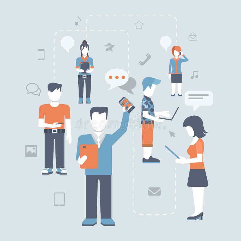 Insieme sociale online dell'icona di concetto di comunicazioni di media della gente piana illustrazione vettoriale Insieme sociale online dell'icona di concetto di comunicazioni di media della gente piana illustrazione vettoriale