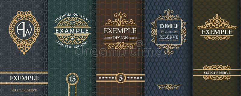 Insieme squisito dei modelli di progettazione per l'etichetta e pacchetto di whiskey illustrazione di stock Insieme squisito dei modelli di progettazione per l'etichetta e pacchetto di whiskey illustrazione di stock