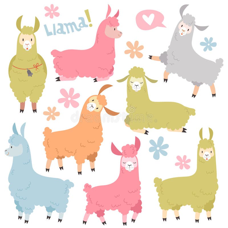 Insieme sveglio del lama Alpaga dei lama del bambino, lama selvaggia Insieme di vettore del fumetto degli elementi dell'invito de illustrazione di stock