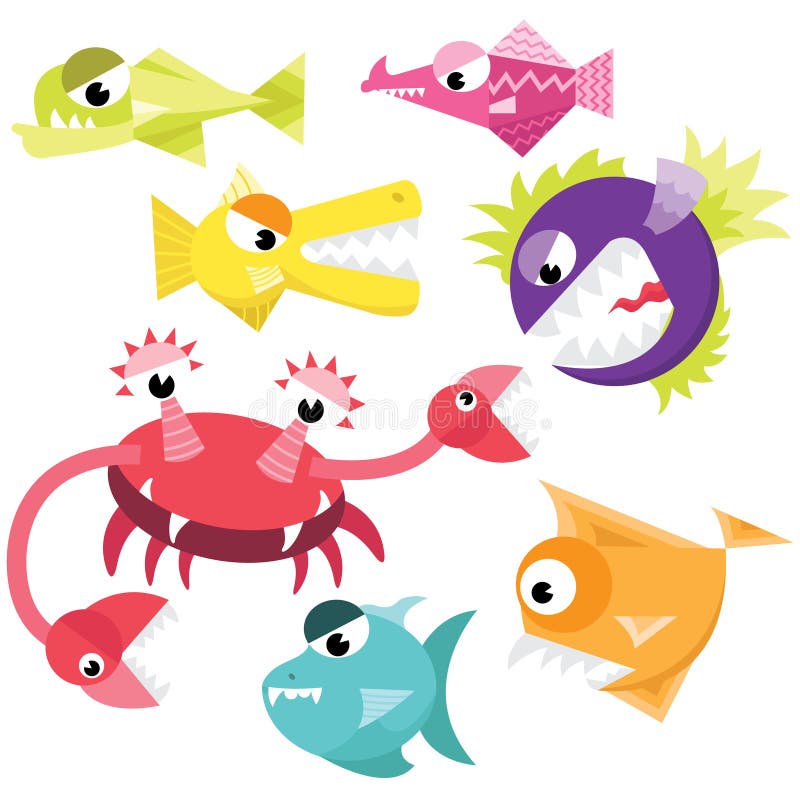 Insieme sveglio della raccolta del mostro del pesce illustrazione vettoriale Insieme sveglio della raccolta del mostro del pesce illustrazione vettoriale