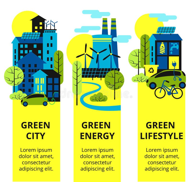 Insieme verde della città Protezione dell'ambiente, insegne verticali di concetto di ecologia messe Illustrazione di vettore Eco-