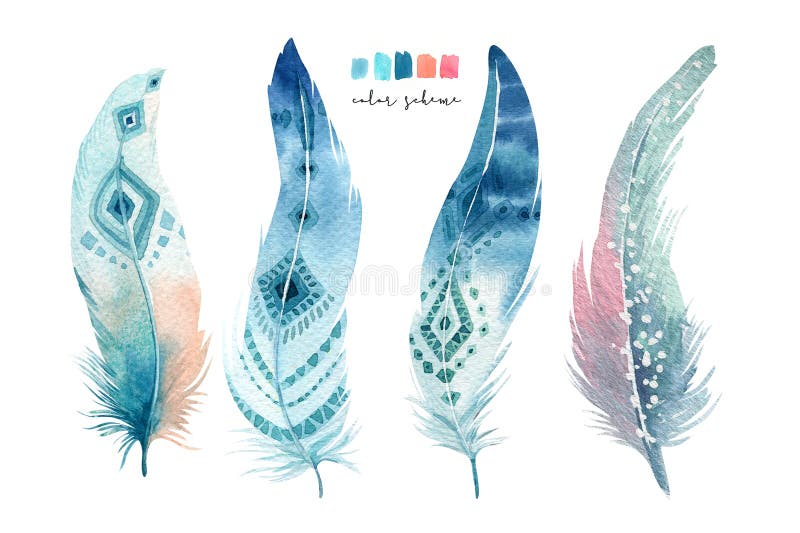 Insieme vibrante della piuma delle pitture disegnate a mano dell'acquerello Stile di Boho illustrazione di stock Insieme vibrante della piuma delle pitture disegnate a mano dell'acquerello Stile di Boho illustrazione di stock