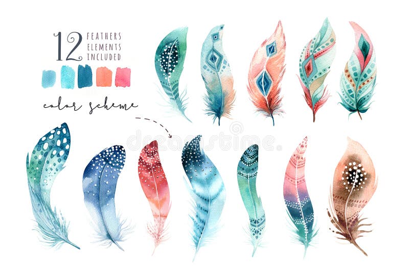 Insieme vibrante della piuma delle pitture disegnate a mano dell'acquerello Stile di Boho illustrazione vettoriale Insieme vibrante della piuma delle pitture disegnate a mano dell'acquerello Stile di Boho illustrazione vettoriale