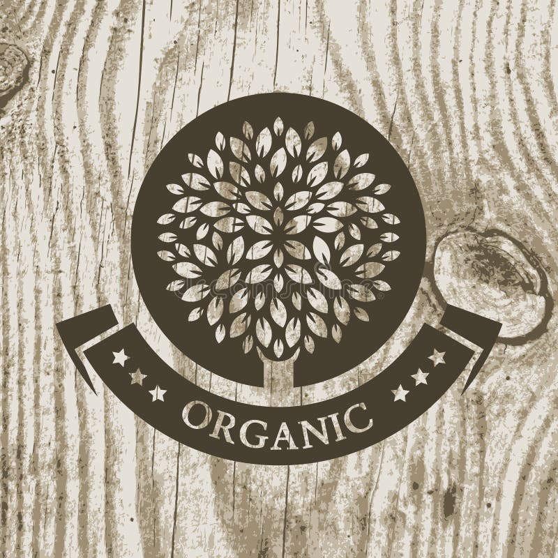 Organic product badge with tree on wooden texture. Vector illustration background. Garden or ecology icon. Organic product badge with tree on wooden texture. Vector illustration background. Garden or ecology icon.