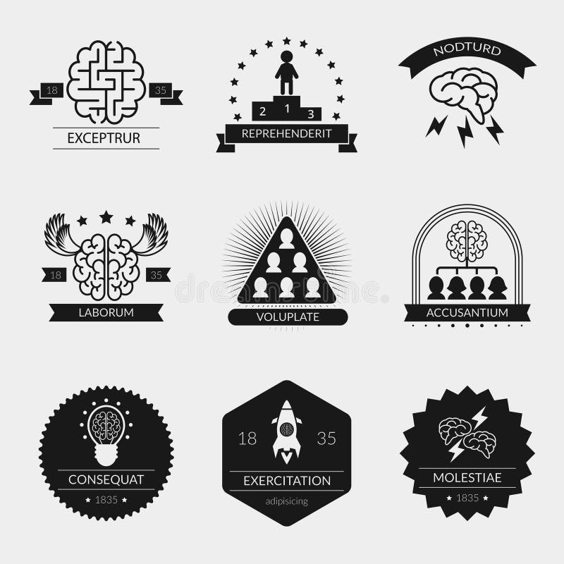 Insignes d'ensemble et de créativité de logo de cerveau de vecteur illustration stock Insignes d'ensemble et de créativité de logo de cerveau de vecteur illustration stock