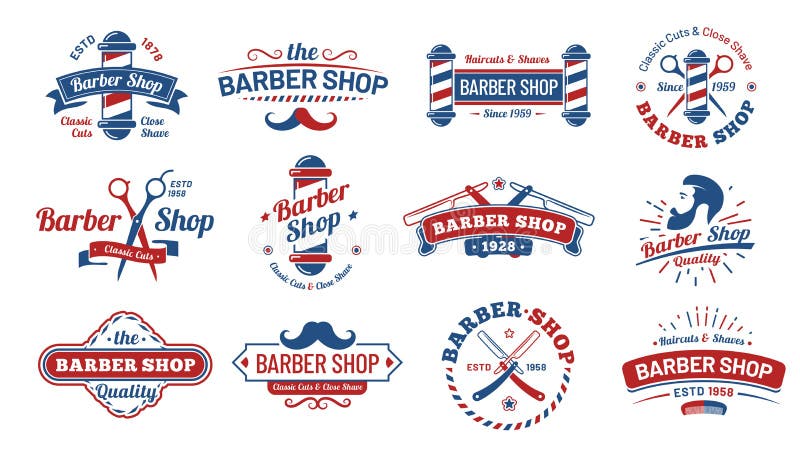 Insignes de raseur-coiffeur Label de coiffeur de cru, rétro insigne de salon de rasage et ensemble d'illustration de vecteur de s