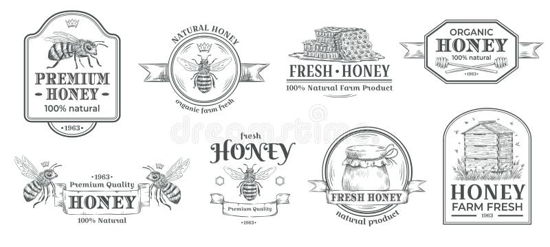 Insignia de la granja de la miel Logotipo de la apicultura, insignias retras de la abeja y sistema exhausto del ejemplo del vecto