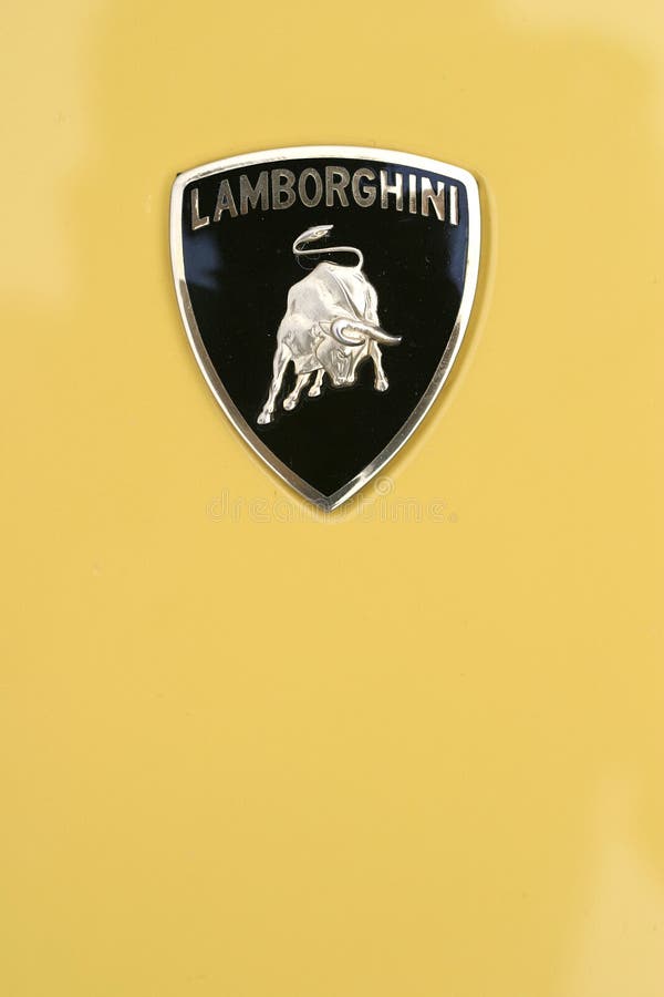 Lamborghini logo on yellow sport car. Lamborghini logo on yellow sport car