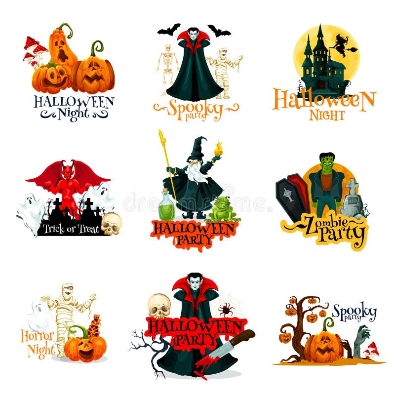 Insignia de los monstruos del partido de la noche del horror de Halloween stock de ilustración