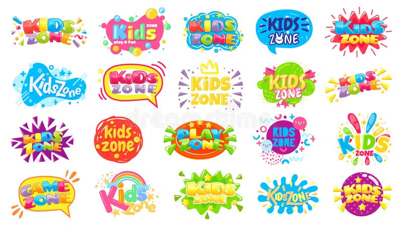 Insignias de zona infantil. etiqueta de sala de juegos para niños banner de área de juego colorido y juego de vectores de insignia