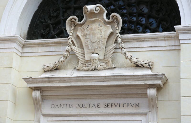 Inscription in Latin which means the tomb of the poet Dante in the City of Ravenna in Italy. Inscription in Latin which means the tomb of the poet Dante in the City of Ravenna in Italy