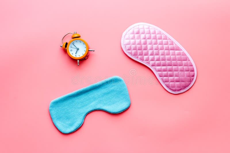 Insomnia Concept. Sleep Eye Mask and Alarm Clock, Top View Stock Image