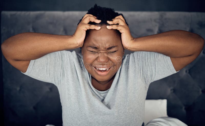 Shouting, headache and elderly woman in bed with insomnia, vertigo or  menopause in her home. Scream Stock Photo by YuriArcursPeopleimages